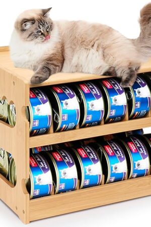 Bamboo Can Organizer for Pantry, 2 Tier Bamboo Pantry Organizer for Kitchen Counter, Cat Food Storage Holds Up to 36 Cans, Can Rack Organizer for Human and Pet Food Cans, FIFO Design
