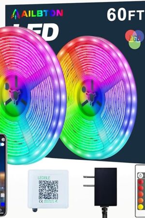 AILBTON Led Strip Lights,60ft Music Sync Color Changing, Built-in Mic,Bluetooth App Control LED Tape Lights with Remote,5050 RGB Rope Light Strips