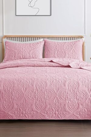Whale Flotilla Queen Quilt Bedding Set Full Size Pink Damask with 2 Pillow Shams