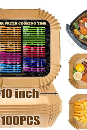 Air Fryer Disposable Paper Liner Square, 10 Inch Large Air Fryer Paper Liner 100PCS, Non-stick Parchment Paper Pads Oil Resistant, Waterproof, Food Grade Baking Paper for Roasting Microwave