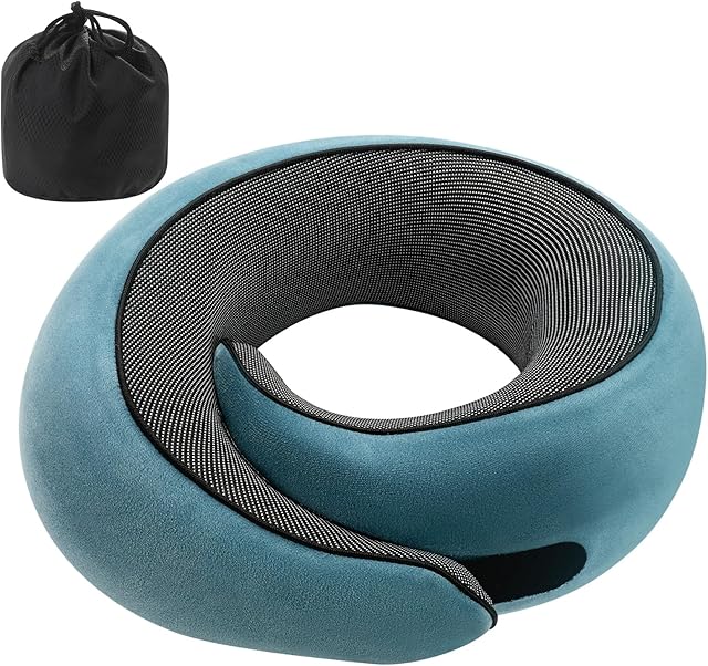 Badink® Neck Pillow Memory Foam with MagicStrap – Adjustable Ergonomic Travel Pillow for Office/Airplane/Car, Washable Cover, Portable Cervical Support(Peacock Blue)