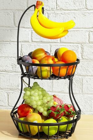 2-Tier Fruit Basket Bowl Stackable Vegetable Storage with Banana Tree Hanger Stand for Kitchen Countertop, Metal Wire Basket for Bread Onions Potatoes Black