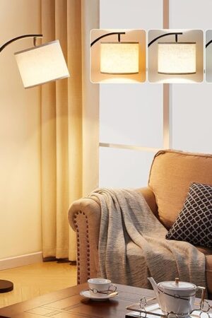 Ambimall 60" Floor Lamps for Living Room with 3 Color Temperatures Bulb & Adjustable Linen Shade, Tall Lamp for Living Room Bedroom Office Classroom Dorm Room(9W Bulb Included)