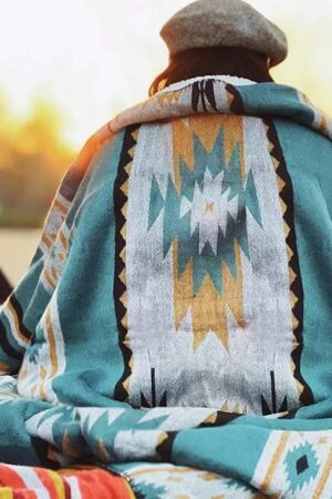 Aztec Patterned Throw Blanket Soft Sherpa Lining 50"x60" Teal