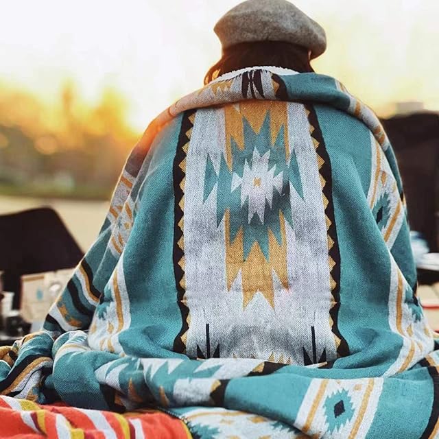 Aztec Patterned Throw Blanket Soft Sherpa Lining 50"x60" Teal