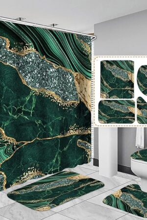 4PCS Marble Shower Curtain Sets, Modern Bathroom Sets With Toilet Lid Rug, Contour and Bath Mat, Luxury Bathroom Decor with 12 Hooks, 72 x 72 Inch, Green