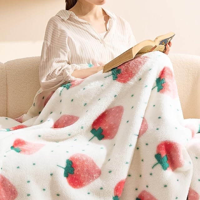 Bedsure Throw Blanket Pink White Fleece Fruit Pattern 50x60