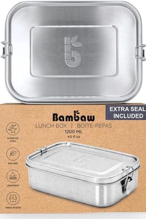 Bambaw Stainless Steel Lunch Box 40 oz, Metal Lunch Box with Adjustable Compartment, Leakproof Stainless Steel Bento, Food Grade Metal Sandwich Container