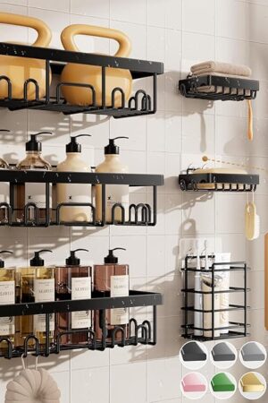 Veken Rustproof & Waterproof Shower Caddy 6-Pack, No Drilling Adhesive Shelves Rack with Soap Holder, Large Capacity Bathroom Organizers and Storage, Wall-Mounted Kitchen & Home Decor
