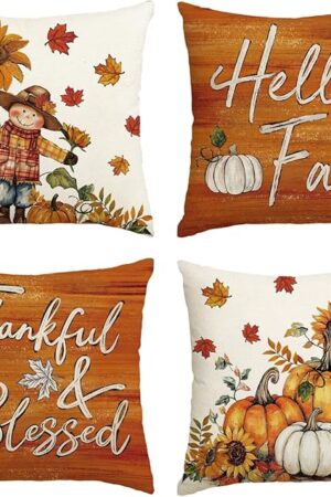 AVOIN colorlife Hello Fall Scarecrow Pumpkin Orange Pillow Covers, 18 x 18 Inch Thankful Blessed Sunflowers Maple Leaves Seasonal Thanksgiving Cushion Case Decoration Set of 4