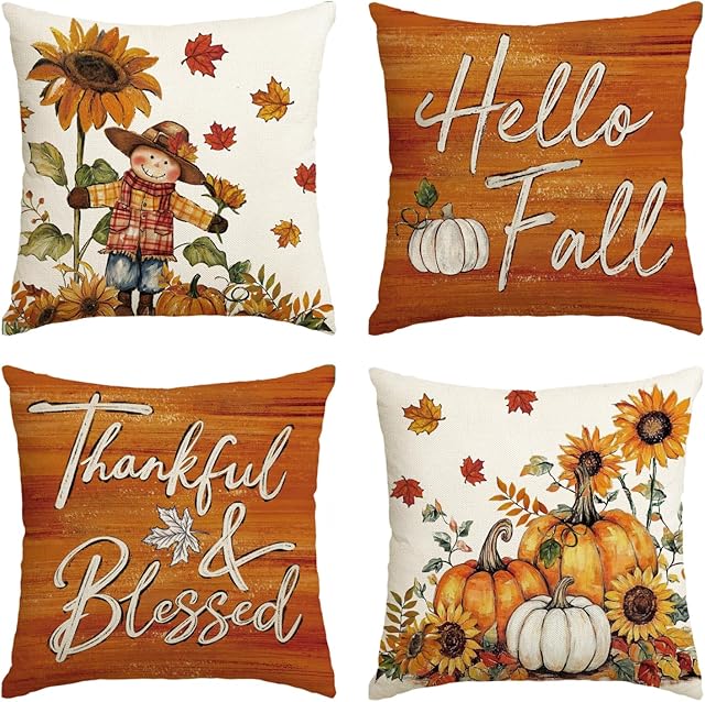 AVOIN colorlife Hello Fall Scarecrow Pumpkin Orange Pillow Covers, 18 x 18 Inch Thankful Blessed Sunflowers Maple Leaves Seasonal Thanksgiving Cushion Case Decoration Set of 4