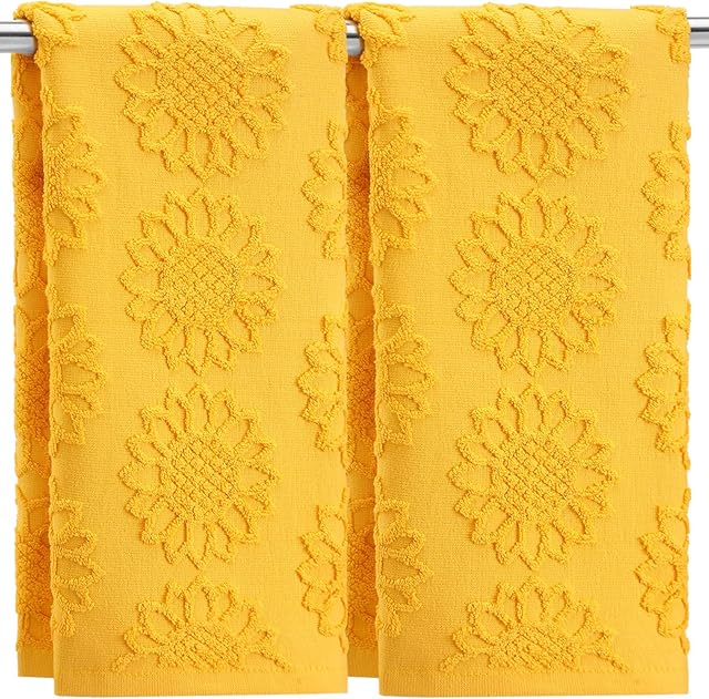 2 Pcs Sunflower Hand Towels for Bathroom 100% Cotton Jacquard Weave Bath Towel Set Soft Absorbent Dish Washcloth for Bathroom Kitchen Summer Theme Gifts 13.8 x 29.5 Inch (Yellow)