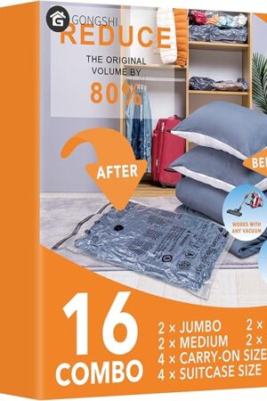 16 Pack Travel Vacuum Bags For Luggage,Carry-on Size Vacuum Seal Bags for Luggage and Suitcase Compression, Space Saver for Clothes and Clothing Organization