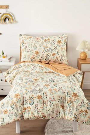 Wake In Cloud Floral Toddler Bedding Set Botanical Flowers 4 Pieces Crib Bed Set Orange Cream