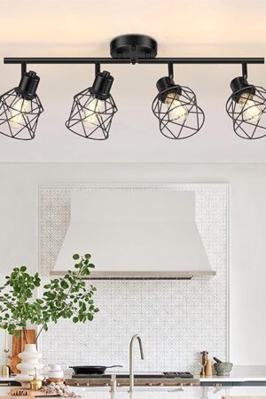 4-Lights Semi Flush Mount Ceiling Light, Adjustable Multi-Directional Light Fixtures, Rotatable Farmhouse Light Fixtures Mount with Metal Cage for Dining Room, Living Room