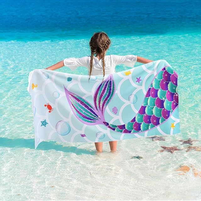WERNNSAI Mermaid Kids Beach Towel for Girls - 30? x 60? Mermaid Sand Free Swim Towels for Girls Bath Pool Camping Travel Towel Quick Dry Ultra Absorbent Super Soft Beach Blanket Bath Shower Towel