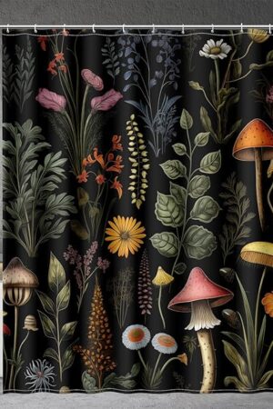 Aimego Mushroom Floral Shower Curtain - Boho Vintage Plants Flowers Retro Bohemian Botanical Nature Bath Shower Curtain Set with 12 Hooks for Adults Bathroom Decor Accessories, 72"x72" Black