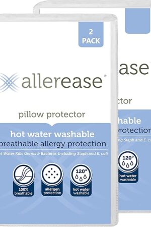AllerEase Hot Water Wash Breathable Advanced Protection Machine Washable Durable Zippered Pillow Protector, Standard/Queen Size 2 Pack, White