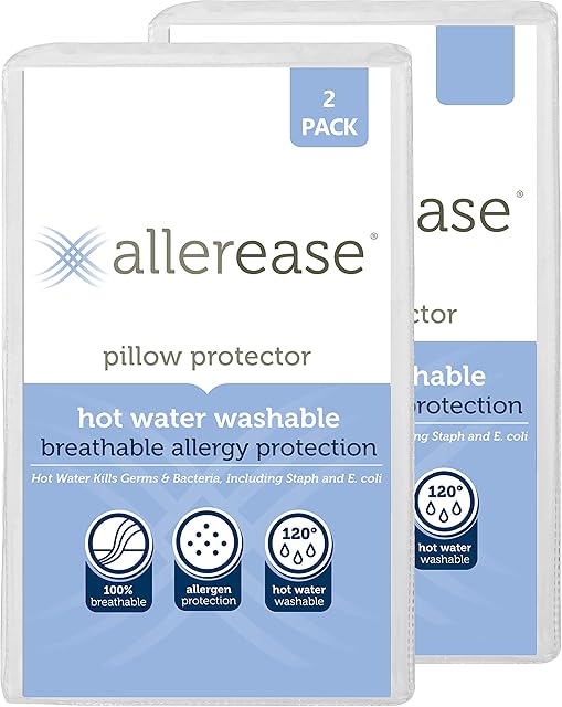 AllerEase Hot Water Wash Breathable Advanced Protection Machine Washable Durable Zippered Pillow Protector, Standard/Queen Size 2 Pack, White