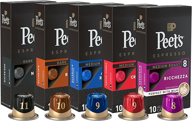 Peet's Coffee, Dark and Medium Roast Espresso Capsules Variety Pack with Decaf, Compatible with Nespresso Original Machine - Intensity 8-11, 50 Count (5 Boxes of 10 Espresso Capsules)