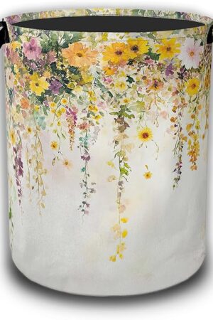 Colorful Flowers Laundry Basket,Watercolor Plants Laundry Hamper Waterproof Oxford Cloth Tote Collapsible,Clothes Storage Bucket Decorative Toy Organizer For Bathroom Bedroom 16" x 20.8"