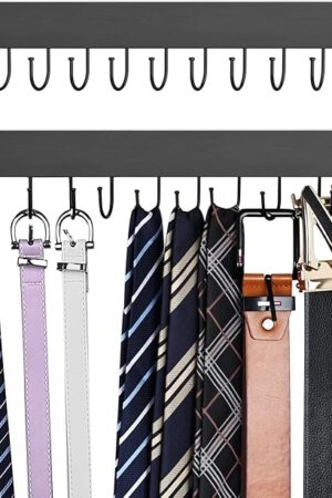 Belt Hanger Wall Mounted, Wooden Belt Organizer 2 Pack Max 24 Storage Capacity, 180° Rotating Space Saving Hangers for Ties, Tank Tops, Scarves, Bras, Keys, Bags Black