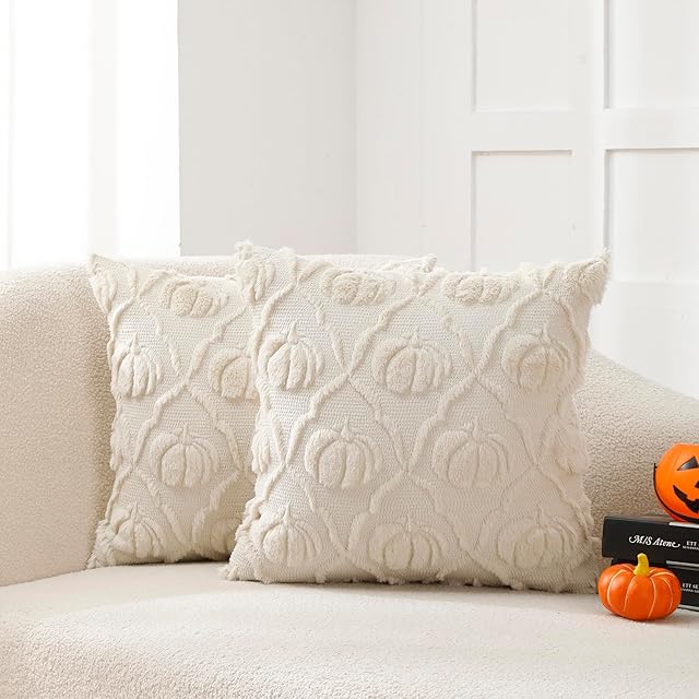 VAKADO Fall Throw Pillow Covers 18x18 Set of 2 ,Pumpkin Couch Halloween Decor Bed Cream Autumn Kitchen Porch Decorative Plush Embroidered Velvet Square Cushion Cases Thanksgiving Home for Sofa