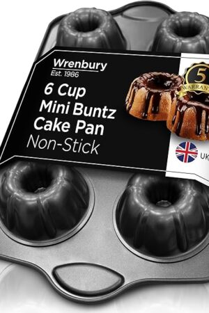 Wrenbury Nonstick Mini Buntz Cake Pan Non Stick for Baking - 6 Cup Bundtlette Fluted Cake Tin for Small Cakes - PFOA Free and Dishwasher Safe - 3.75? Cup Width
