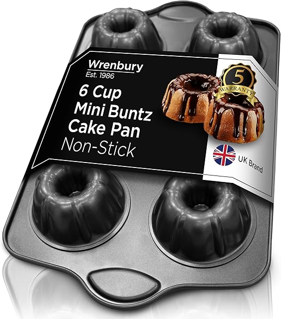 Wrenbury Nonstick Mini Buntz Cake Pan Non Stick for Baking - 6 Cup Bundtlette Fluted Cake Tin for Small Cakes - PFOA Free and Dishwasher Safe - 3.75? Cup Width