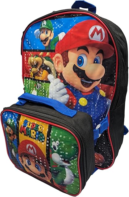Accessory Innovations Mario Luigi Bros Full Size 16 Inch Backpack with Detachable Lunch Box