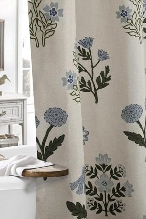 Abstract Vintage Floral Linen Shower Curtain - Neutral Traditional Floral Block Print Pattern in Blue and Green,Botanical Boho Shower Curtain Set for Rustic Farmhouse Frenchy Bathroom Decor 72x72 Inch
