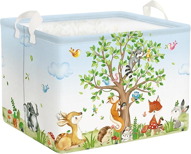 Clastyle Forest Life Tree Baskets Rectangular, Kids Basket,Waterproof Foldable Canvas Laundry Basket,Nursery Hamper,Room Decor,Shelf Basket(Animal)