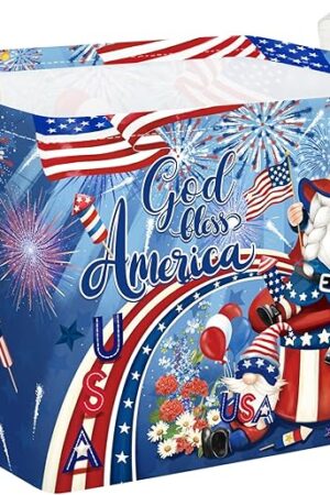 Clastyle Memorial Day Land of The Gift Basket Retro America Flag Patriotic 4th July Storage Bin Baby Toy Book Shelf Basket Beach Clothes Towel Basket, Fireworks Gnome, 40*30*30 cm