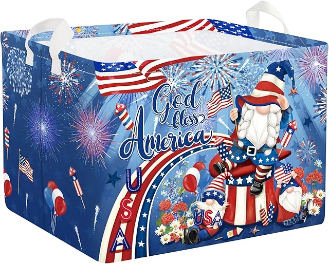 Clastyle Memorial Day Land of The Gift Basket Retro America Flag Patriotic 4th July Storage Bin Baby Toy Book Shelf Basket Beach Clothes Towel Basket, Fireworks Gnome, 40*30*30 cm