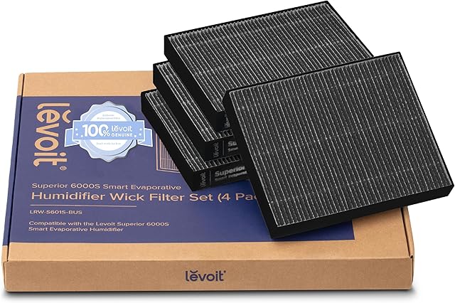 LEVOIT 4-Pack Replacement Filters for Superior 6000S Smart Evaporative Humidifier, Captures Large Particles & Minerals, Extends Filter Life up to 6 Months, Gray