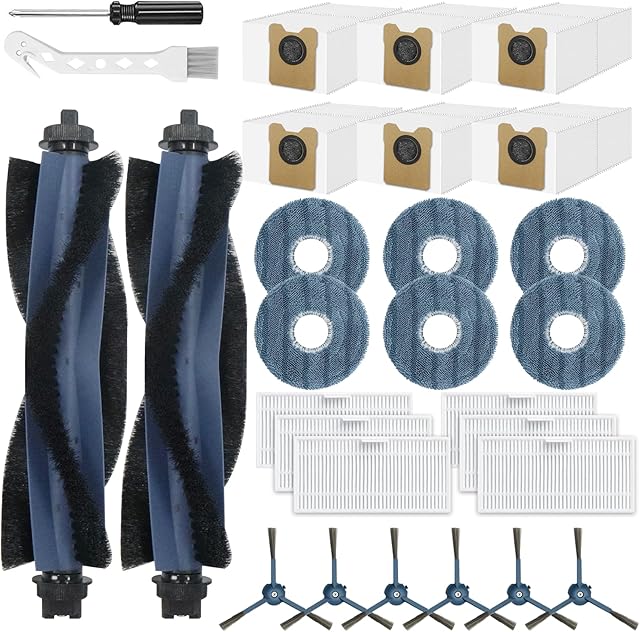 28 Pack Replacement Accessories for Eufy Omni C20 Robot Vacuums Parts, 2 Main Brush, 6 Side Brushes, 6 Washable Filters, 6 Dust Bags, 6 Mop Pads, 1 Cleaning Tool and 1 Screwdriver