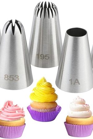 5PCS Large Piping Tips Set, COKUMA Stainless Steel Cake Decorating Tips, Frosting Icing Tips for Cupcakes, Cake, Cookie and Decorating (Dishwasher Safe)