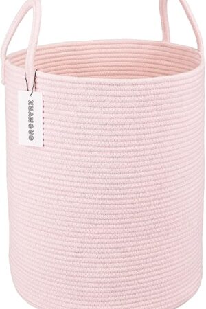 Cotton Rope Laundry Basket Hamper for Girls Kids Baby Nursery Hamper Bin Woven Storage Basket for Living Room Girls room Boho Tall Rope Baskets for Blanket Toys Large light pink