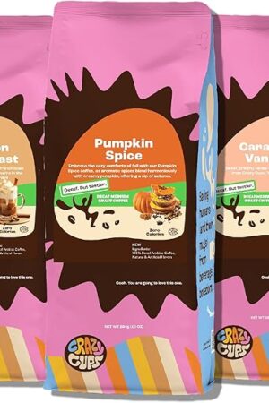 Crazy Cups Decaf Flavored Ground Coffee Variety Pack, Includes Cinnamon French Toast, Caramel Vanilla and Pumpkin Spice, in 10 oz Bags, For Brewing Flavored Hot or Iced Decaf Coffee, Variety 3 Pack