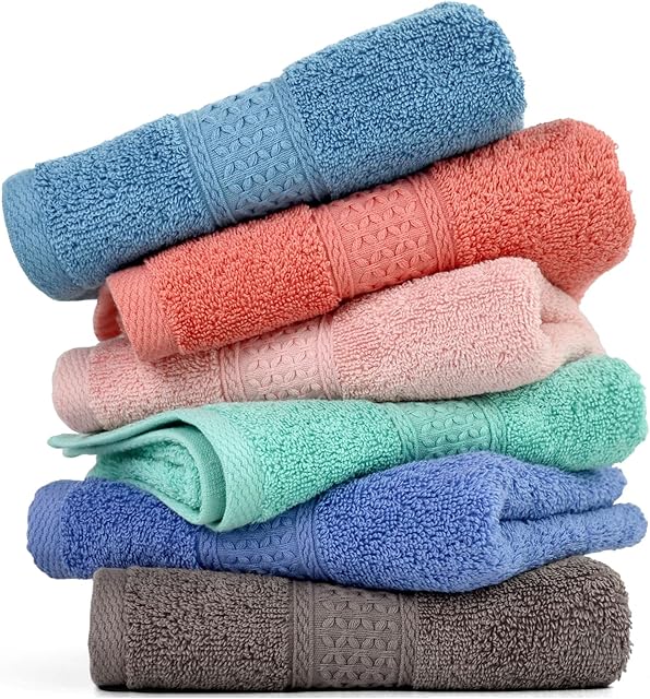 Cleanbear Cotton Hand Towel Set 6-Pack Ultra Soft Hand Towels with Assorted Colors (13 x 29 Inches) Lightweight and Quick Dry
