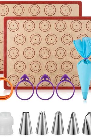 Angadona Macaron Silicone Baking Mats Kit (16pcs set) Macaroon Baking Mat Set of 2 Half Sheet Macaron Silicone Mat Nonstick Macaron Mat Sheet,6 Piping Tip,2 Piping Bag with 3 Bag Tie,2 coupler