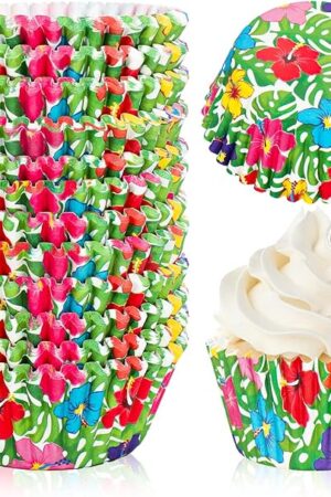 300Pcs Hawaiian Cupcake Liners Palm Leaf Hibiscus Paper Baking Cups Tropical Luau Party Standard Muffin Cupcake Wrappers for Party Supplies Table Decor