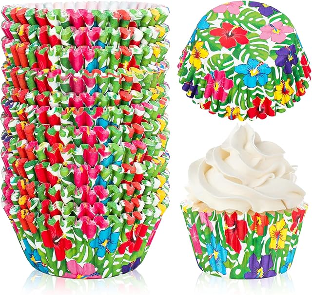 300Pcs Hawaiian Cupcake Liners Palm Leaf Hibiscus Paper Baking Cups Tropical Luau Party Standard Muffin Cupcake Wrappers for Party Supplies Table Decor