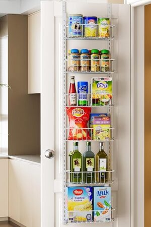 Delamu Pantry Door Organizer, Adjustable Metal Over the Door Pantry Organizer Rack, 6-Tier Over the Door Spice Rack, Kitchen Pantry Door Organizers and Storage, D5 W12 H52.1 inch, White, Small