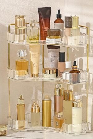 Aveniee Corner Bathroom Counter Organizer, Bathroom Countertop Shelf Makeup Storage, Clear Perfume Tray Holder (3 Tiers, White)