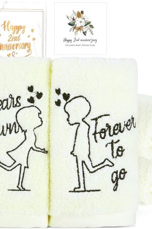 2nd Anniversary Cotton Gift, 2 Pack Premium 100% Cotton Towel Set with 2 Years Anniversary Card, Romantic Gifts Anniversary Marriage Gifts for Him Her Husband Wife Couple Gift