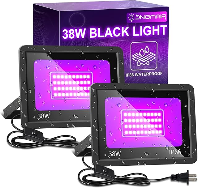 38W Black Lights, IP66 Waterproof Outdoor LED Black Light Floodlights with Switch, Plug, Cord for Glow Party, Body Paint, Fluorescent Poster, Halloween