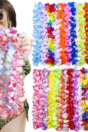 100 Pcs Hawaiian Leis for Luau Party Hawaii Leis Bulk Colorful Silk Flower Necklace Tropical Hula Dance Decor Flower Summer Beach Pool Party Decorations Favors Supplies