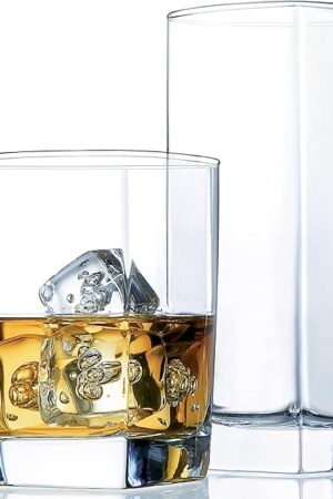 Collins Everyday Drinking Glasses Set of 16 Drinkware Kitchen Glasses for Cocktail, Iced Coffee, Beer, Ice Tea, Wine, Whiskey, Water, 8 Tall Highball Glass Cups & 8 Short Old Fashioned