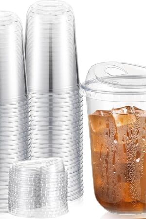 50 Sets Clear Plastic Coffee Cups with Sip Lids, Disposable Plastic PET Crystal Cups for Iced Coffee, Smoothie, Cold Beverage, Drink Shops and Party Catering(Clear,16 oz)